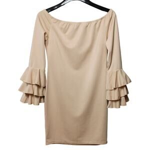Shein Beige Tan Off the Shoulder Ruffle Sleeve Mini Dress ~ size 8/10, Pre-Loved